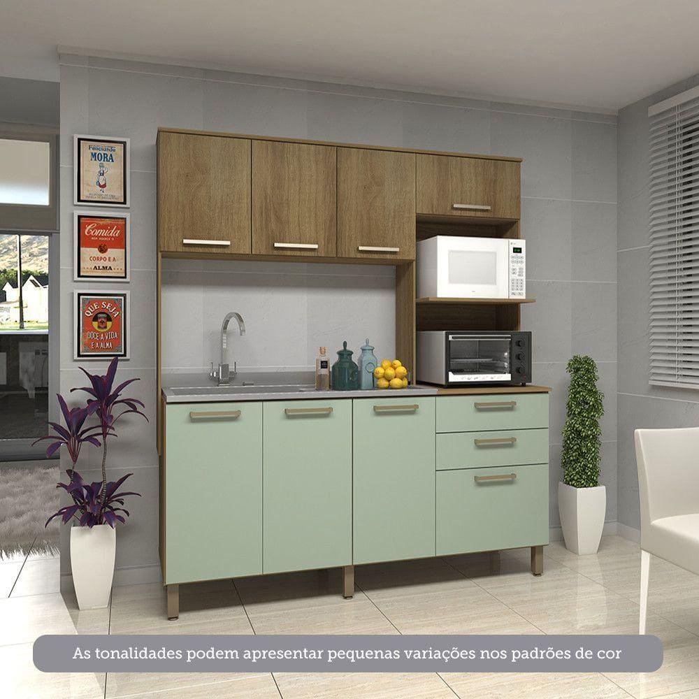 Cozinha Compacta 8 Portas E 2 Gavetas Luciane Móveis Carvalho Avelã Verde Mar