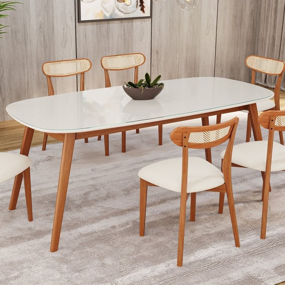 Mesa 180cm X 80cm Mdf com Vidro Laqueado Ceci Yescasa Natural/Off White