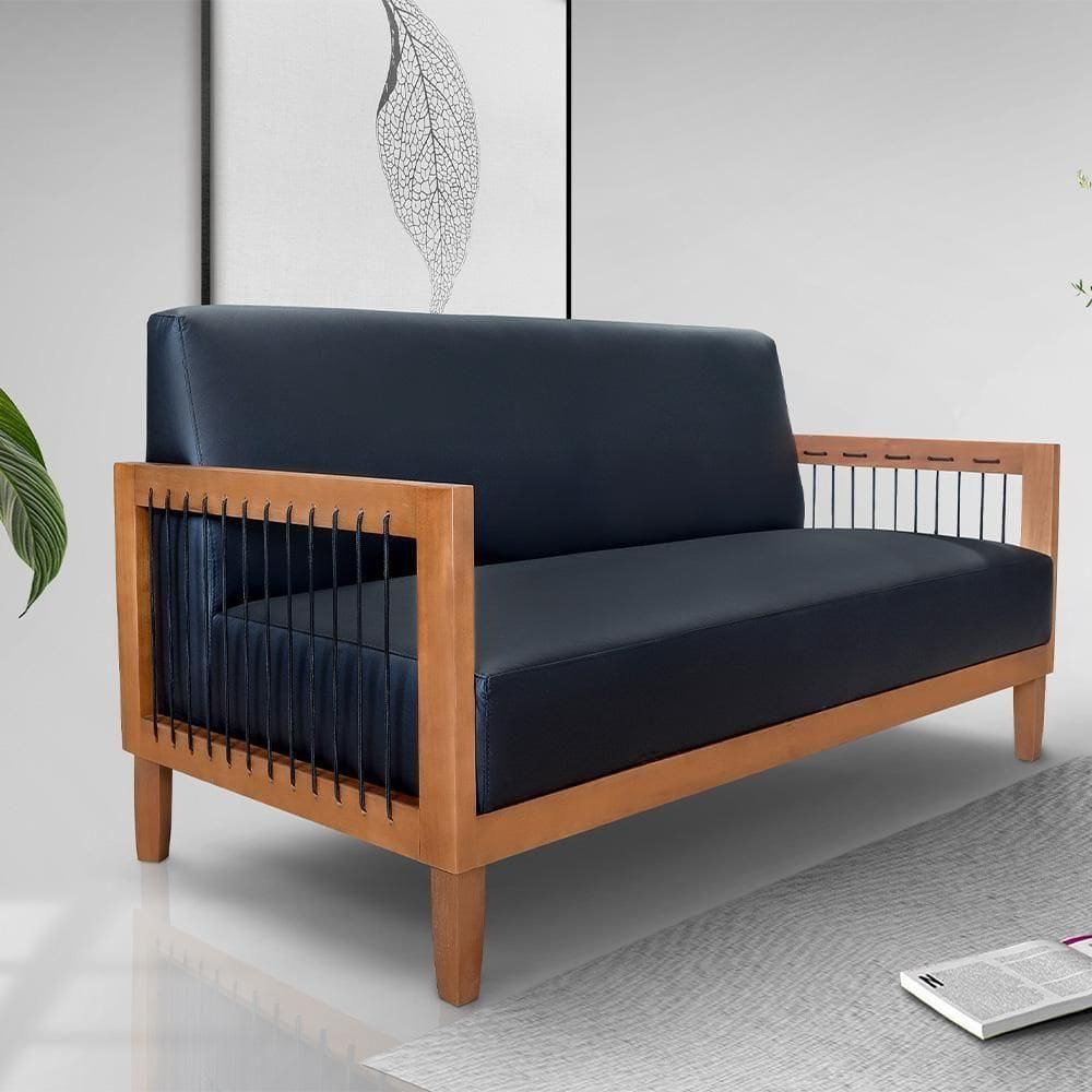 Sofá Namoradeira 2 Lugares Sala De Estar Pés Madeira Maciça Corda Náutica Preta 160cm Manila Pu Preto