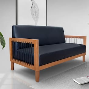 Sofá Namoradeira 2 Lugares Sala De Estar Pés Madeira Maciça Corda Náutica Preta 160cm Manila Pu Preto