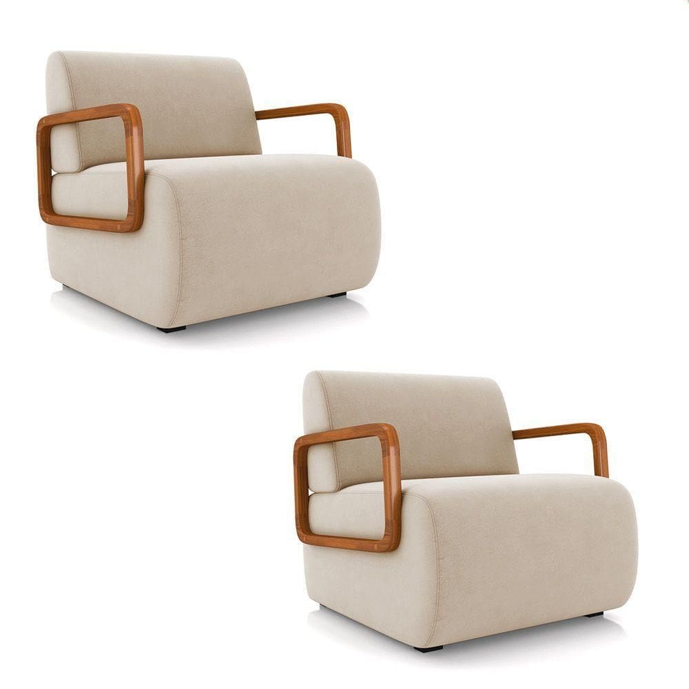 Poltrona Sala De Estar Braço De Madeira Kit 2 Hellen Veludo K01 - D`rossi Cor Bege