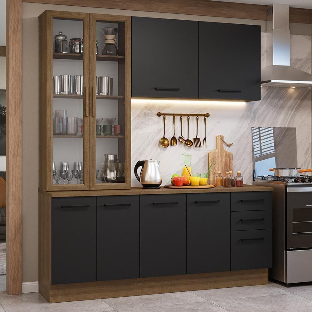 Armário De Cozinha Completa 190cm Com Cristaleira Agata Madesa Rustic Preto