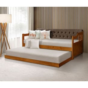 Sofá Cama Dublin Estofado Capitonê Veludo Marrom Madeira com Cama Auxiliar - Castanho