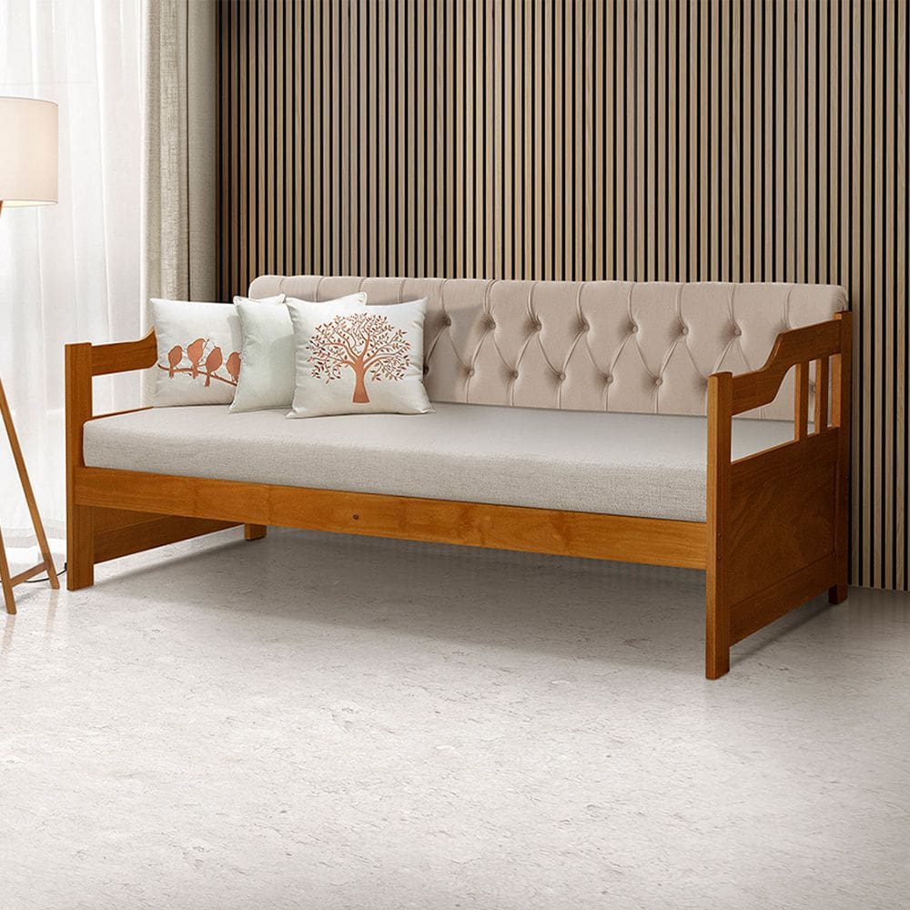 Sofá Cama Dublin Mona Estofado Capitonê Veludo Bege Madeira com 1 Colchão - Castanho