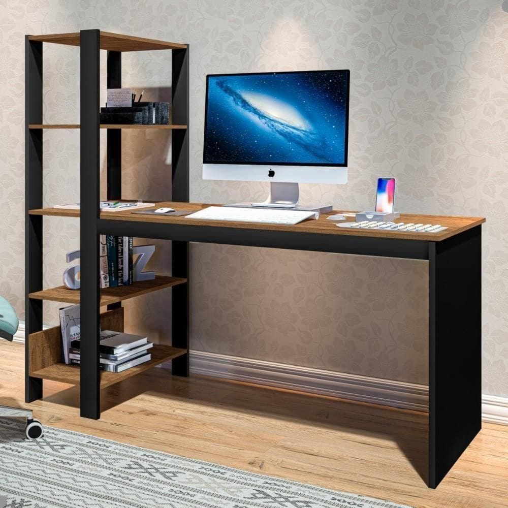 Mesa De Escritório Com 4 Prateleiras Dublin Preto Canela