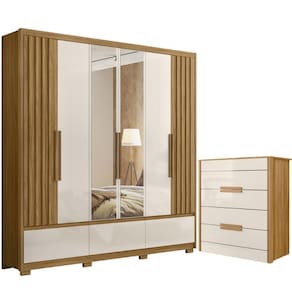 Kit Guarda Roupa Casal Com Espelho Amazonas E Cômoda Dhara Freijó Off White