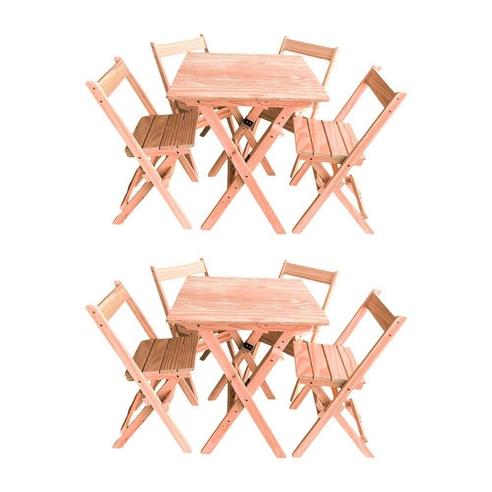 Kit 2 Conjuntos Mesa Dobrável 70x70cm Para Bar Com 4 Cadeiras Em Madeira Maciça - Cru - Bege