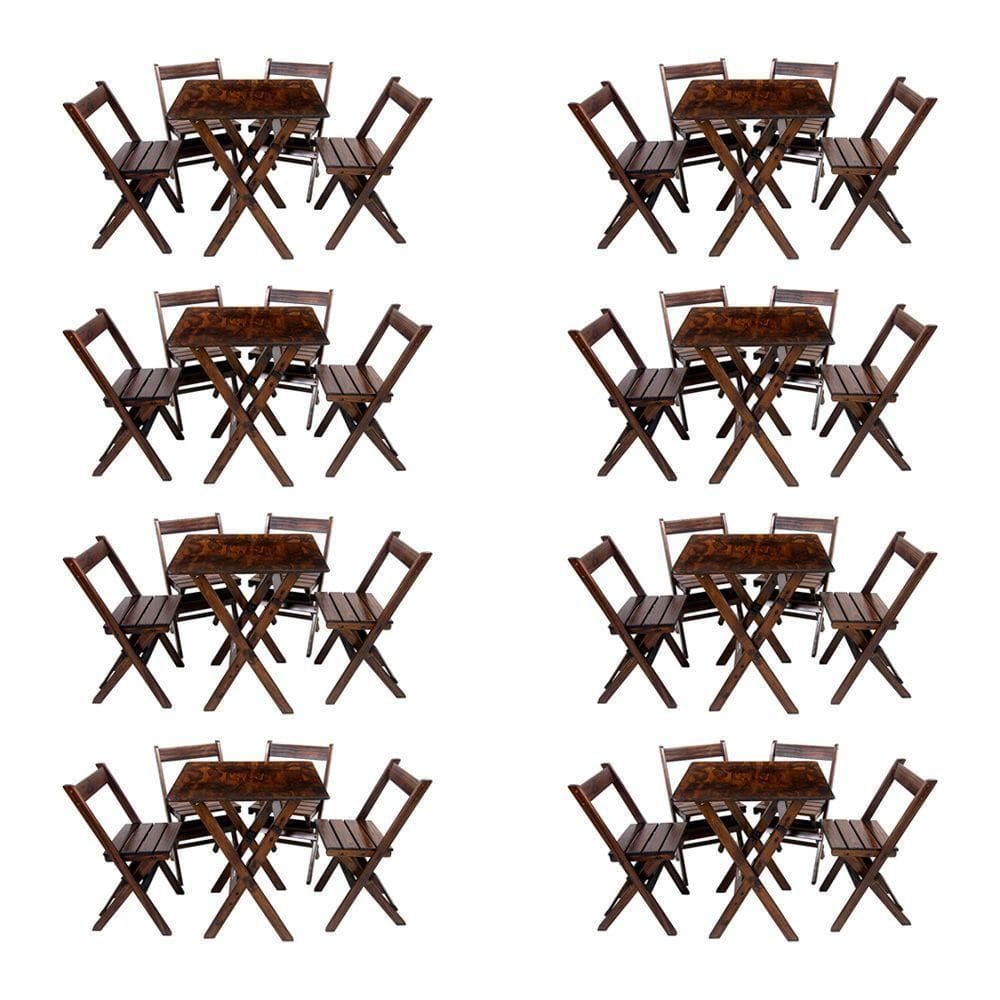 Kit 8 Conjuntos Mesa Dobrável 70x70cm Para Bar Com 4 Cadeiras Em Madeira Maciça - Imbuia - Marrom