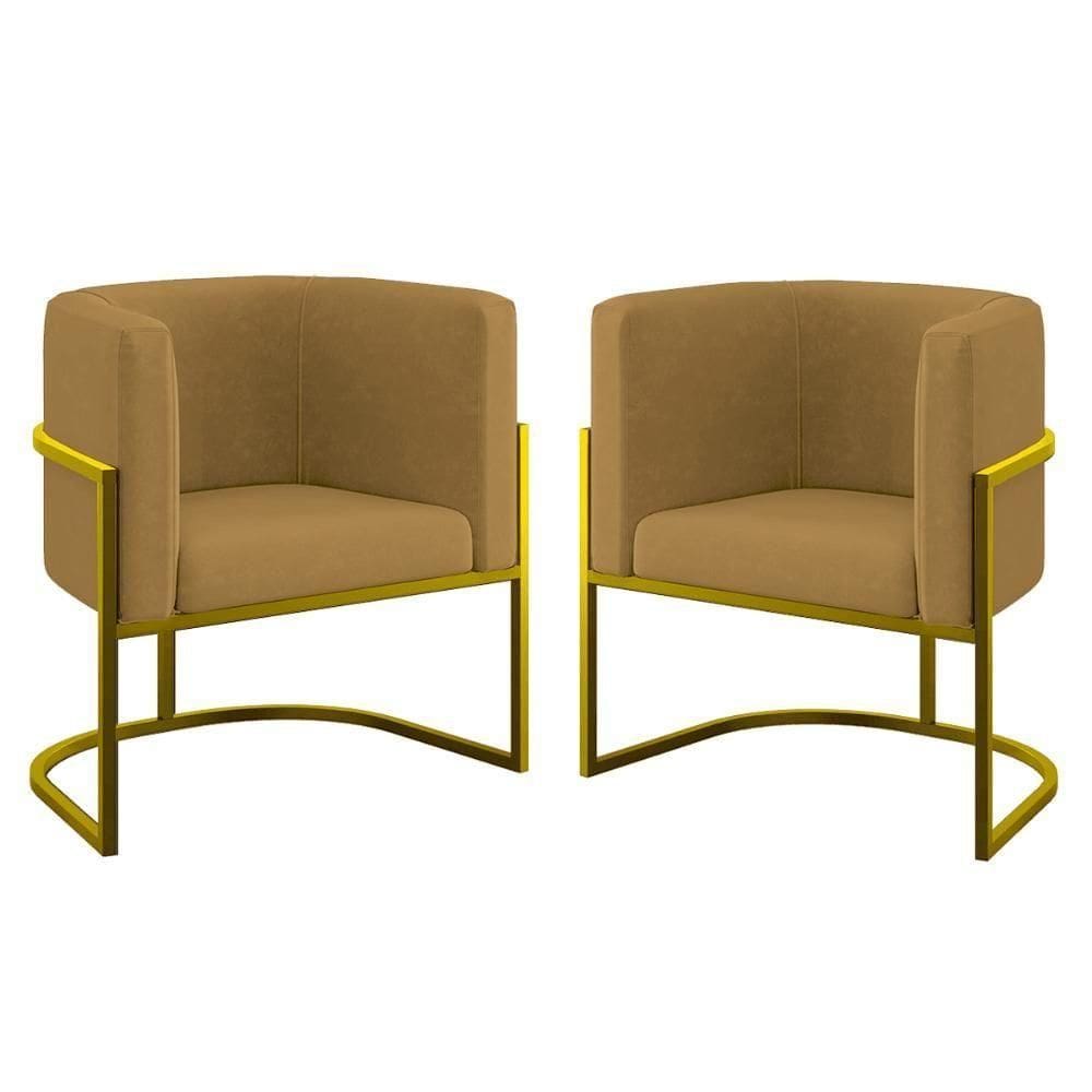 Kit 02 Poltronas Lua Com Base De Metal Gold Sala Reforçada Capuccino