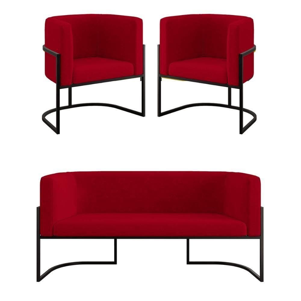 Kit 2 Poltronas + Sofá 2 Lugares Base De Metal Black Balaqui Vermelho