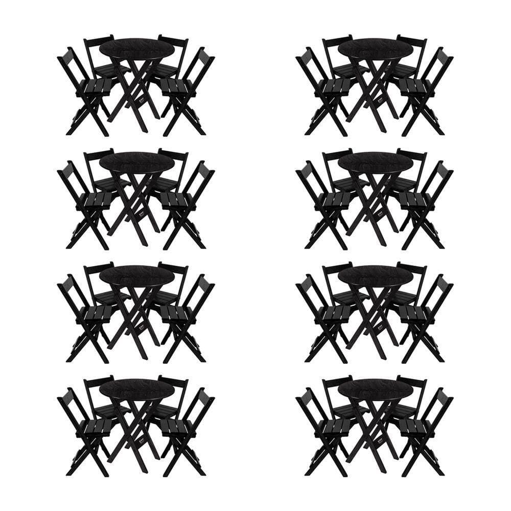 Kit 8 Conjuntos Mesa Redondo 70cm Dobrável Com 4 Cadeiras Em Madeira Maciça - Preto - Preto