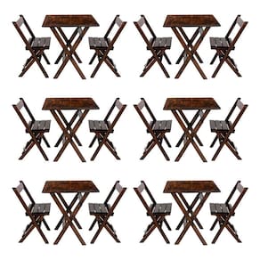 Kit 6 Conjuntos Mesa Dobrável Para Bar E Restaurante 60x60cm Com 2 Cadeiras Em Madeira Maciça - Imbu - Marrom