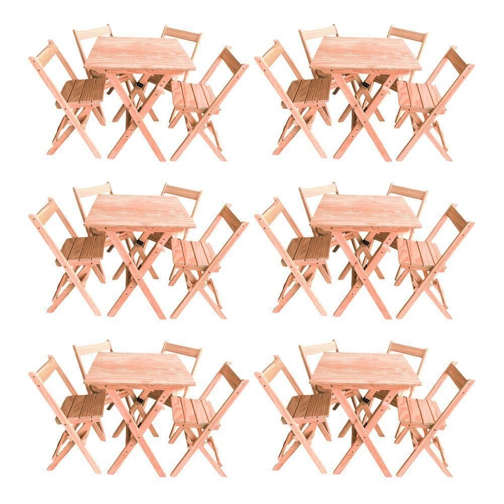 Kit 6 Conjuntos Mesa Dobrável 70x70cm Para Bar Com 4 Cadeiras Em Madeira Maciça - Cru - Bege