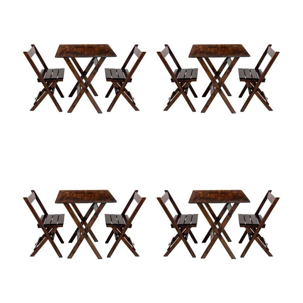 Kit 4 Conjuntos Mesa Dobrável Para Bar E Restaurante 60x60cm Com 2 Cadeiras Em Madeira Maciça - Imbu - Marrom