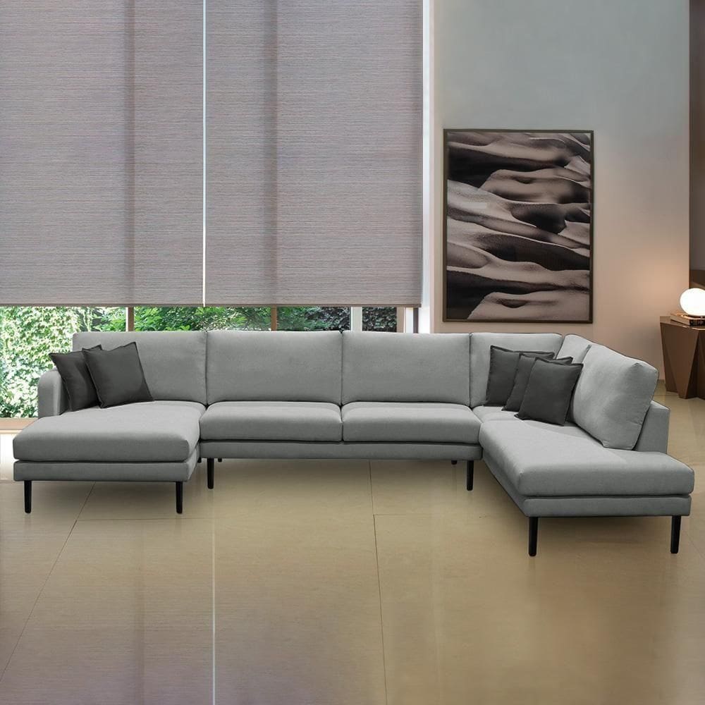 Sofá Decorativo Sala De Estar Osaka 370cm Modulado Em U Com Almofadas Pés Em Madeira Linho Cinza