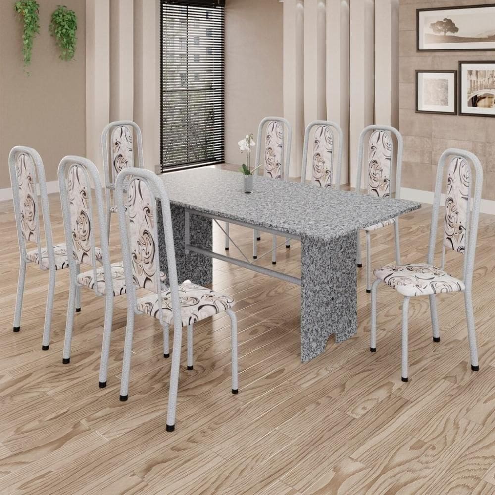 Conjunto De Mesa Tubular 8 Cadeiras 180x75cm Mart Perola Com Tampo Em Granito Ocre Letícia 071