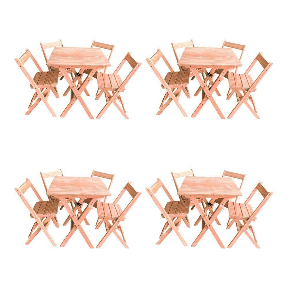 Kit 4 Conjuntos Mesa Dobrável 70x70cm Para Bar Com 4 Cadeiras Em Madeira Maciça - Cru - Bege