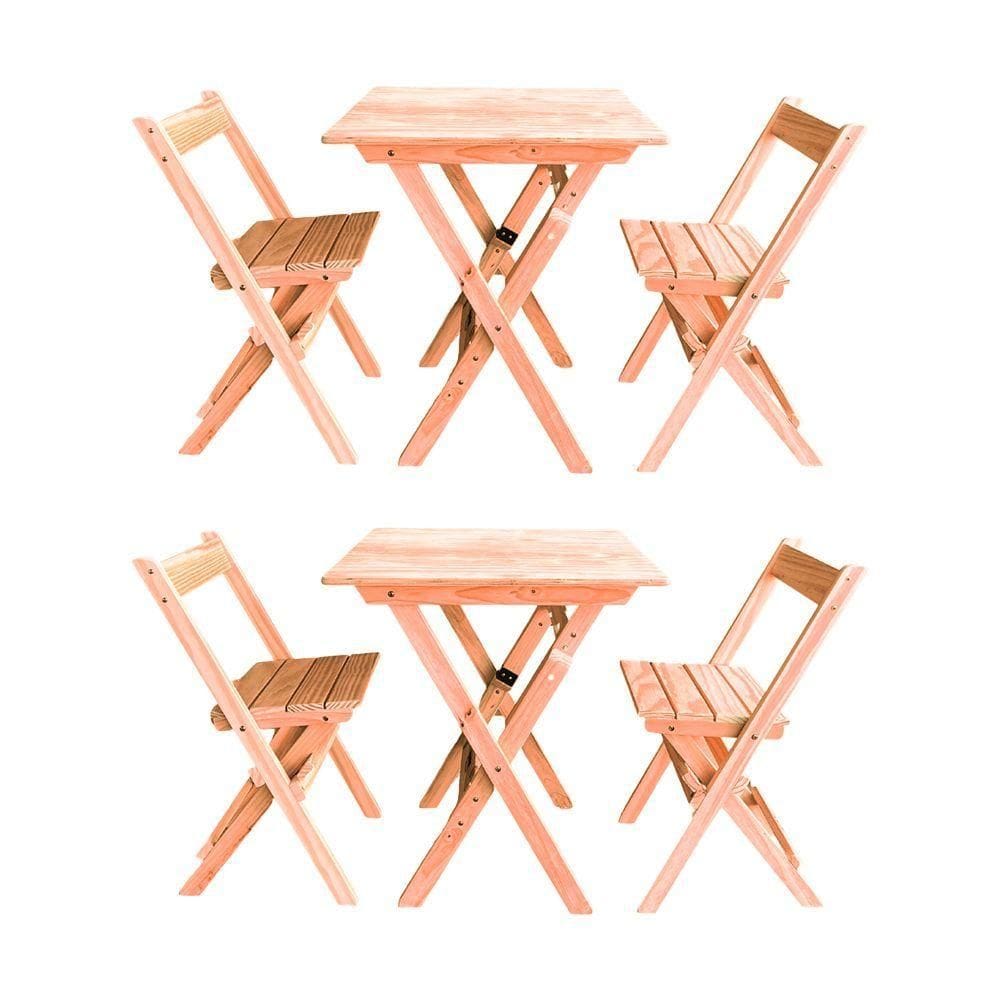 Kit 2 Conjuntos Mesa Dobrável Para Bar E Restaurante 60x60cm Com 2 Cadeiras Em Madeira Maciça - Cru - Bege