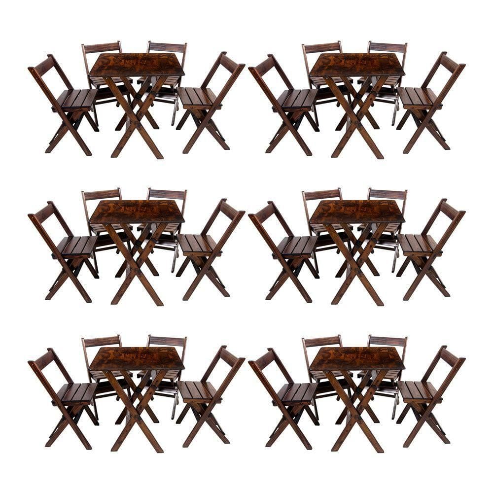 Kit 6 Conjuntos Mesa Dobrável 70x70cm Para Bar Com 4 Cadeiras Em Madeira Maciça - Imbuia - Marrom