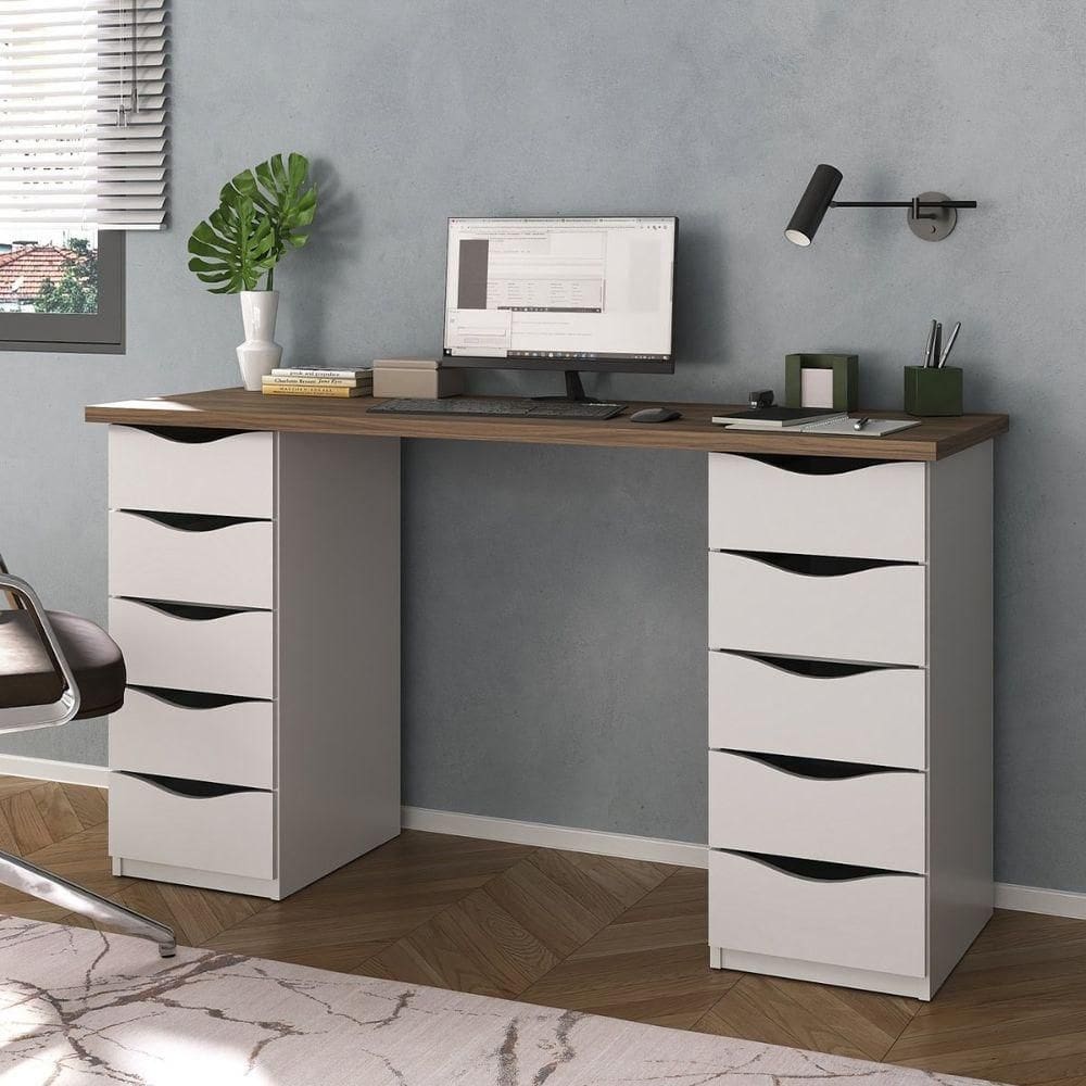 Escrivaninha Mesa Home Office 10 Gavetas Due Ii Nogal-branco