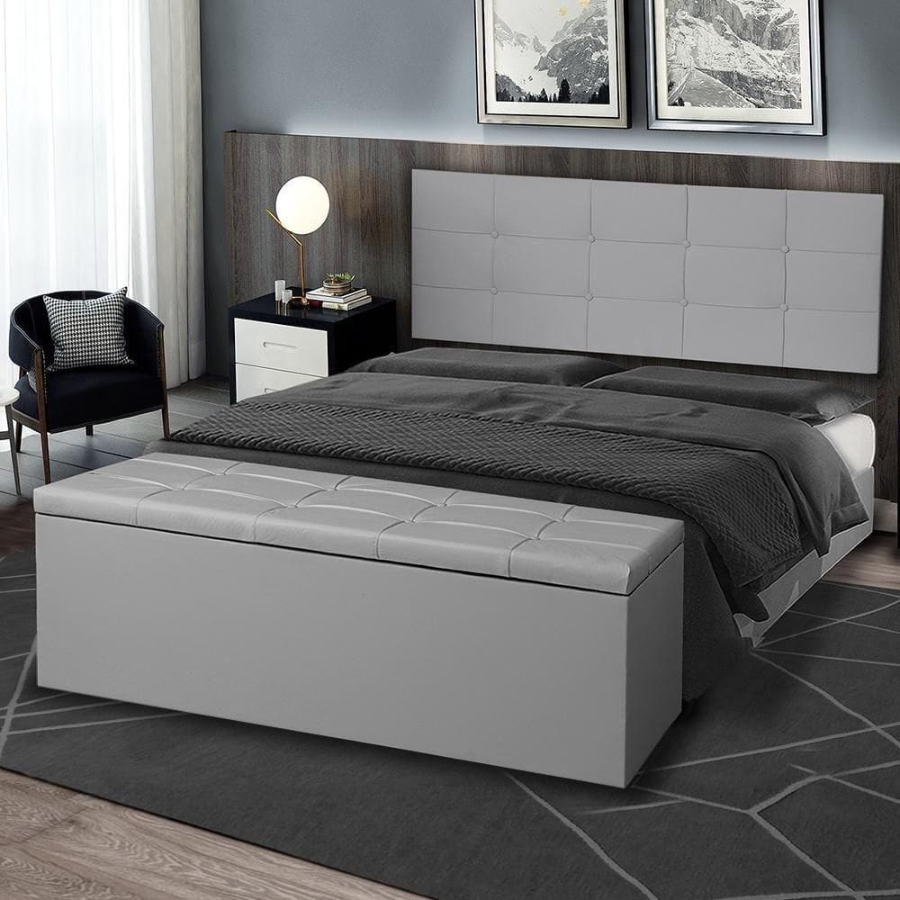 Kit Cabeceira Painel E Calçadeira Baú Casal 1,40m Roma Material Sintético Cinza Sky Mobile