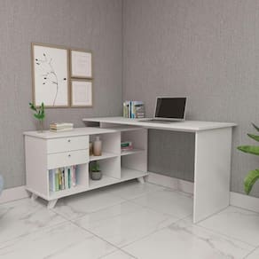 Escrivaninha Mesa Em L Escritório Com Gavetas E Nichos Gold Branco