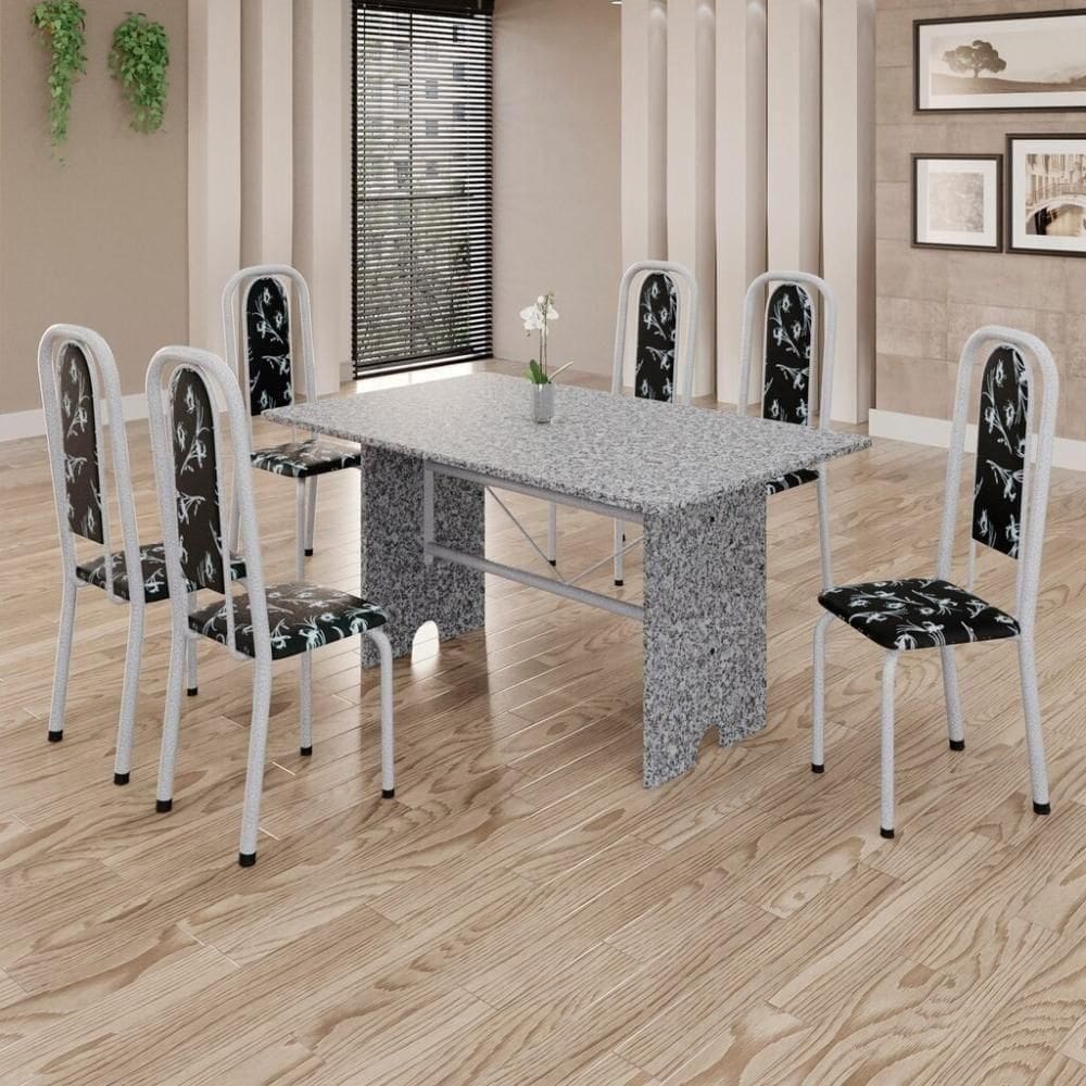 Conjunto De Mesa Tubular 6 Cadeiras 140x75cm Mart Perola Com Tampo Em Granito Ocre Letícia 070