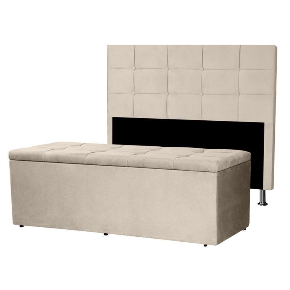 Kit Cabeceira E Calçadeira Baú King 1,95m Roma Suede Bege Sky Mobile