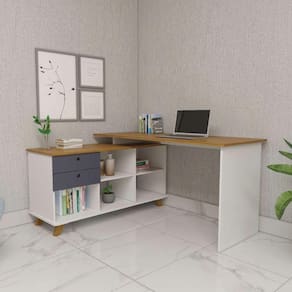 Escrivaninha Mesa Em L Escritório Com Gavetas E Nichos Gold Freijó-grafito-branco