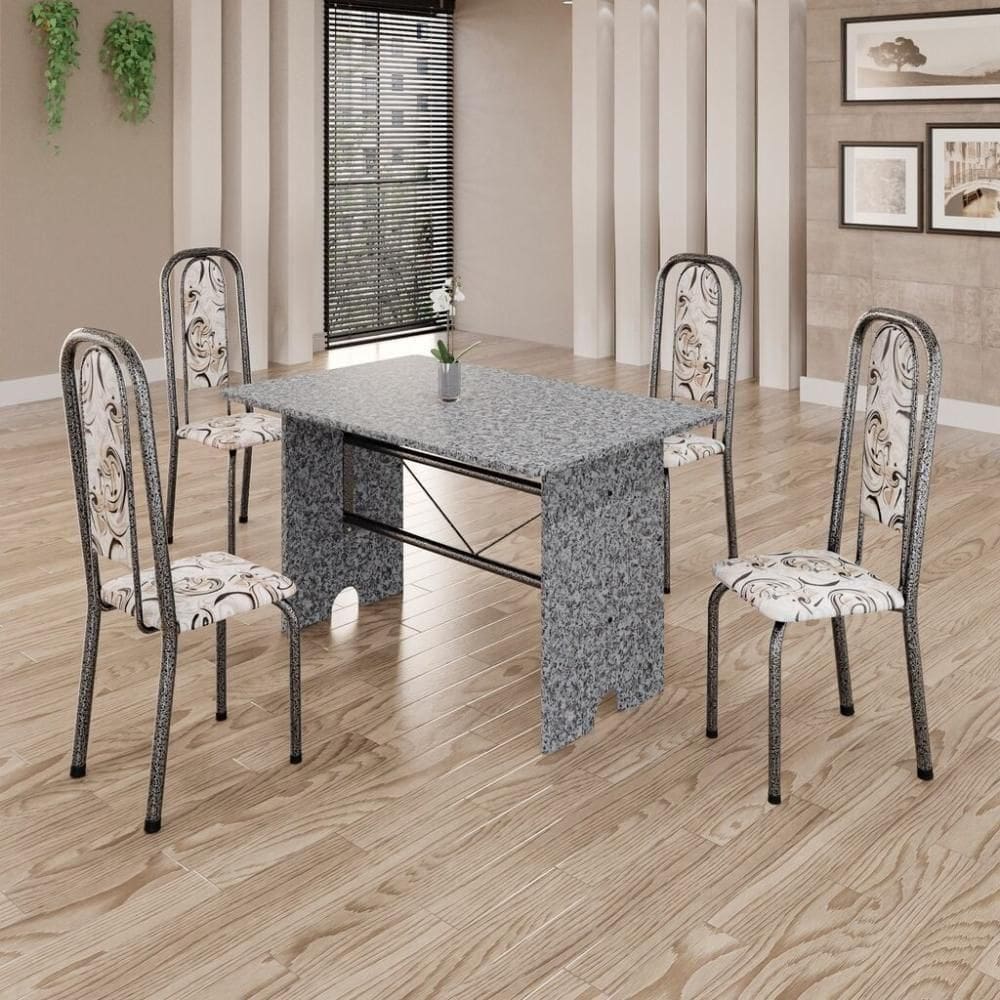 Conjunto De Mesa Tubular 4 Cadeiras 120x75cm Mart Prata Com Tampo Em Granito Ocre Letícia 070