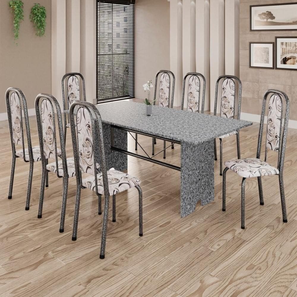 Conjunto De Mesa Tubular 8 Cadeiras 180x75cm Mart Prata Com Tampo Em Granito Ocre Letícia 071