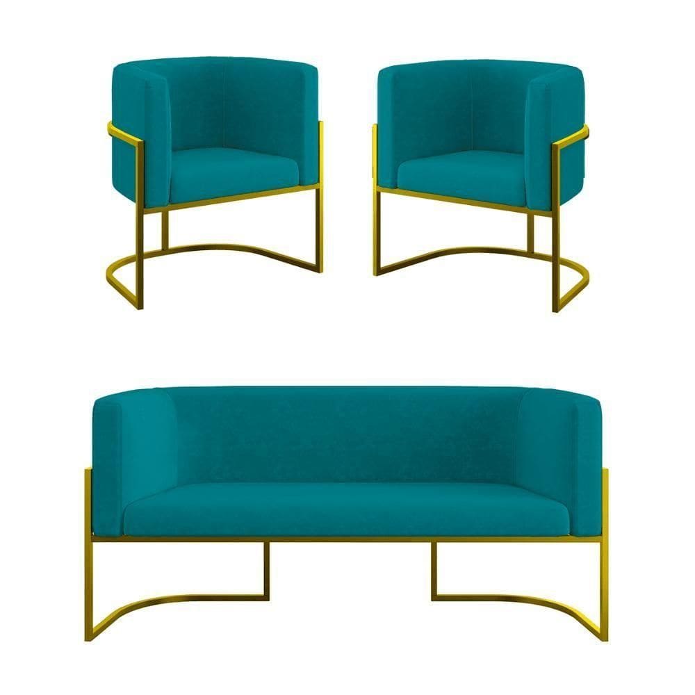 Kit 2 Poltronas Sofá 2 Lugares Para Recepção Balaqui Azul Turquesa