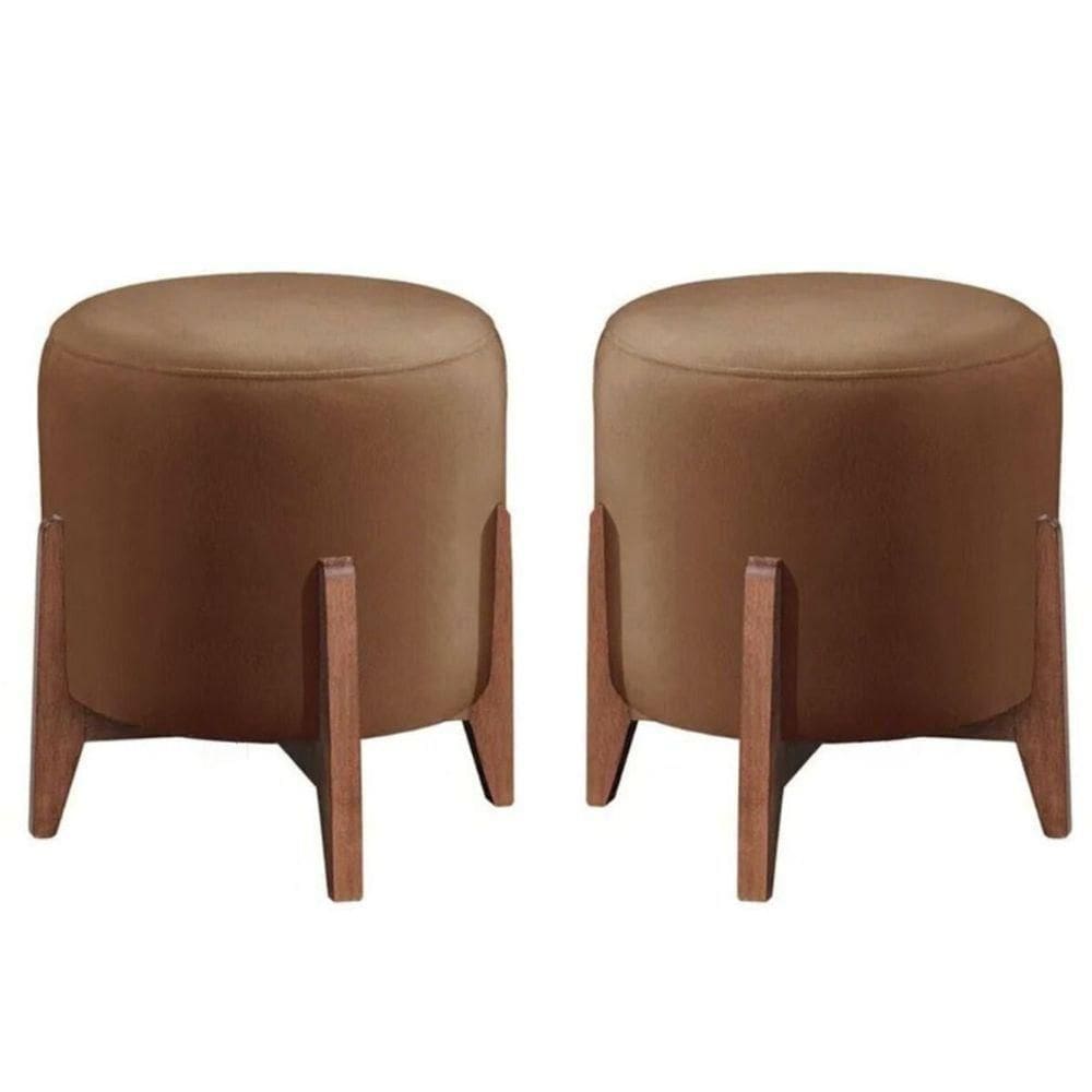 Kit 2 Puff Decorativo Para Sala Redondo Luxo Selena Veludo Capuccino