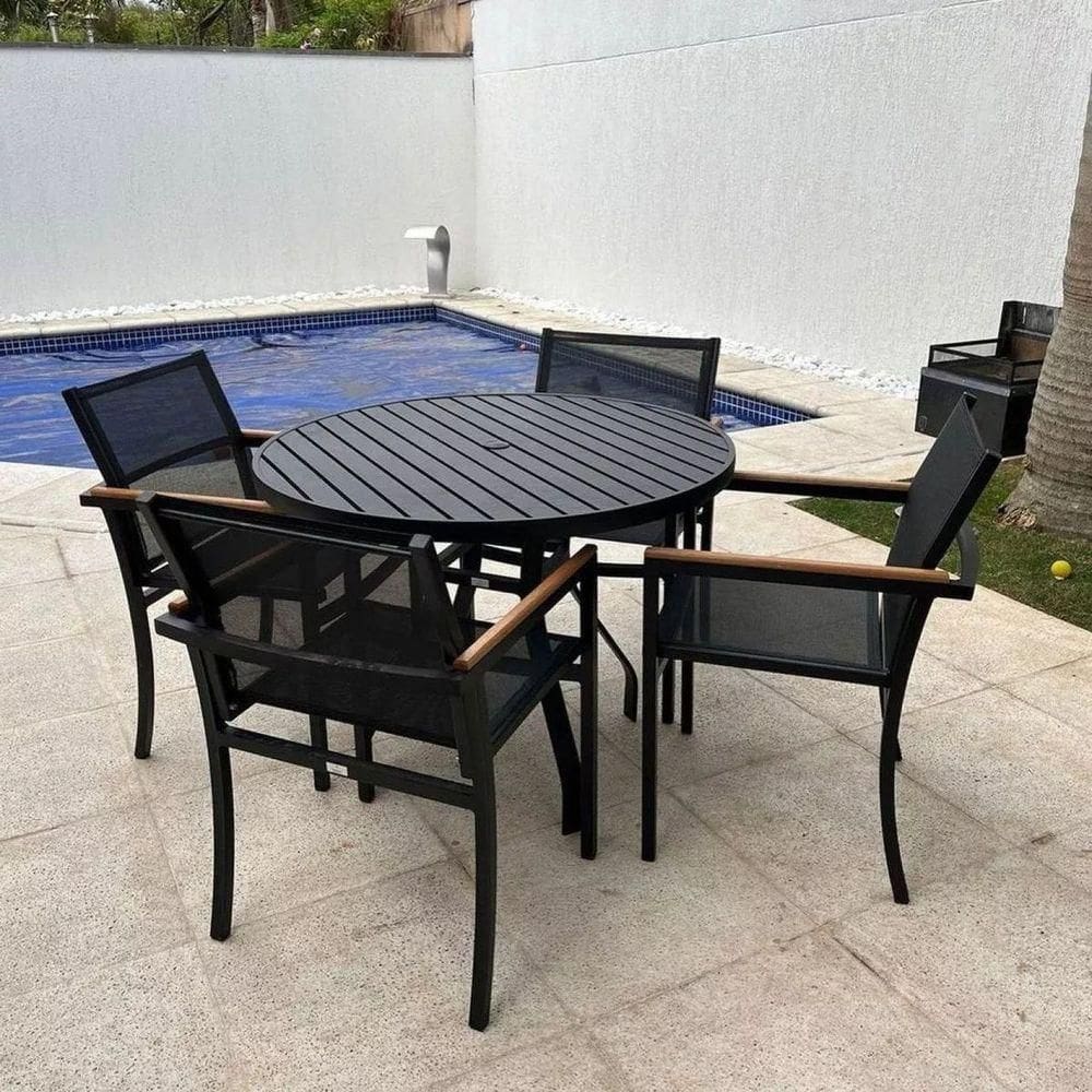 Conjunto De Mesa Ripada Amélia 4 Poltronas Piscina E Jardim Preto