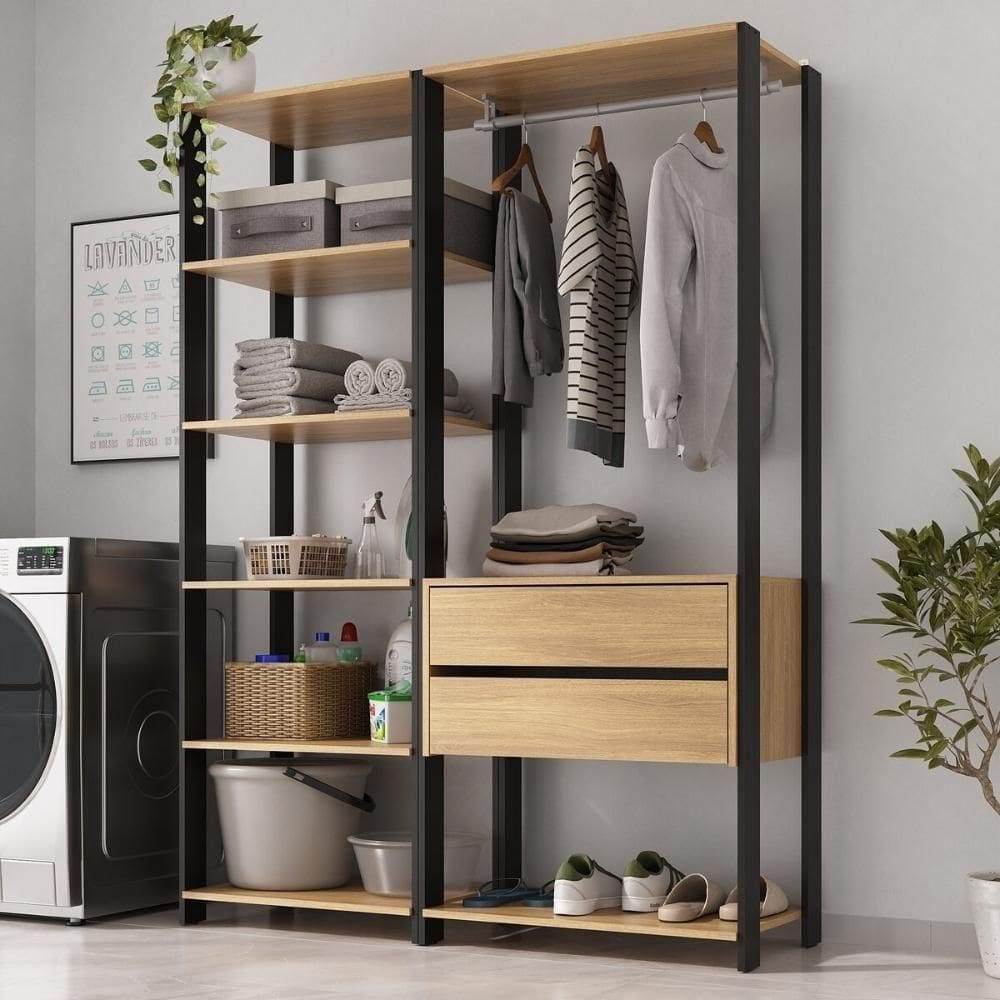 Armário Multiuso De Lavanderia Modulado 135cm 2 Peças Multimóveis MP5058 Preto Madeirado