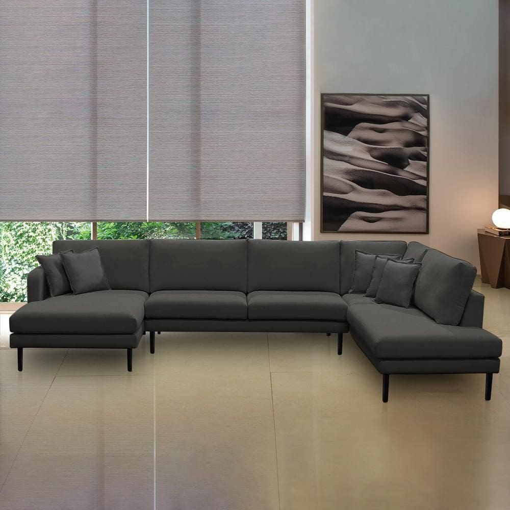 Sofá Decorativo Sala De Estar Osaka 340cm Modulado Em U Com Almofadas Linho Grafite