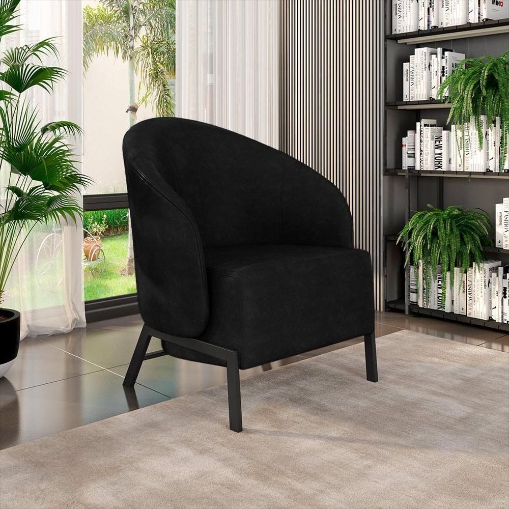 Poltrona Decorativa Sala De Estar Kenya Pés Em Ferro Pu Preto G33 - Gran Belo