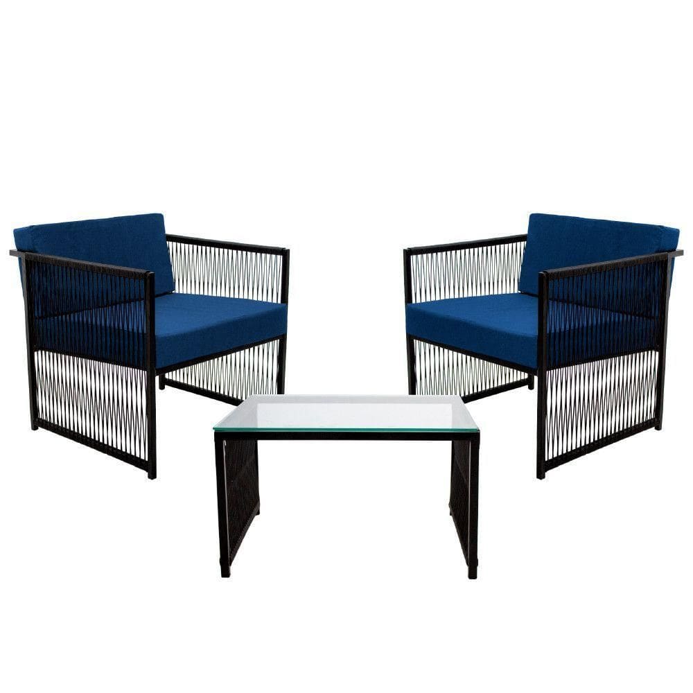 Conjunto De 2 Poltronas Em Fibra Sintética E Mesa De Centro Azul