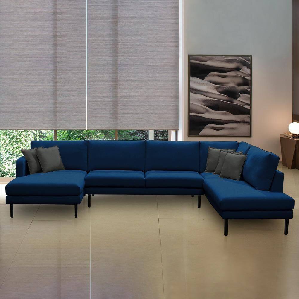 Sofá Decorativo Sala De Estar Osaka 430cm Modulado Em U Com Almofadas Linho Azul Marinho