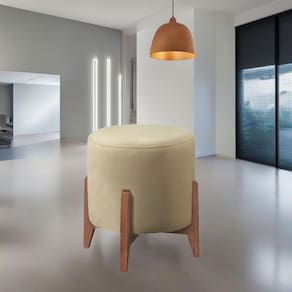 Puff Estofado Decorativo Sala Redondo Luxo Madrid Linho Bege