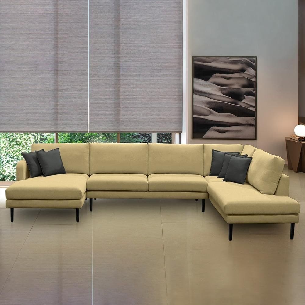 Sofá Decorativo Sala De Estar Osaka 400cm Modulado Em U Com Almofadas Pés Em Madeira Linho Bege