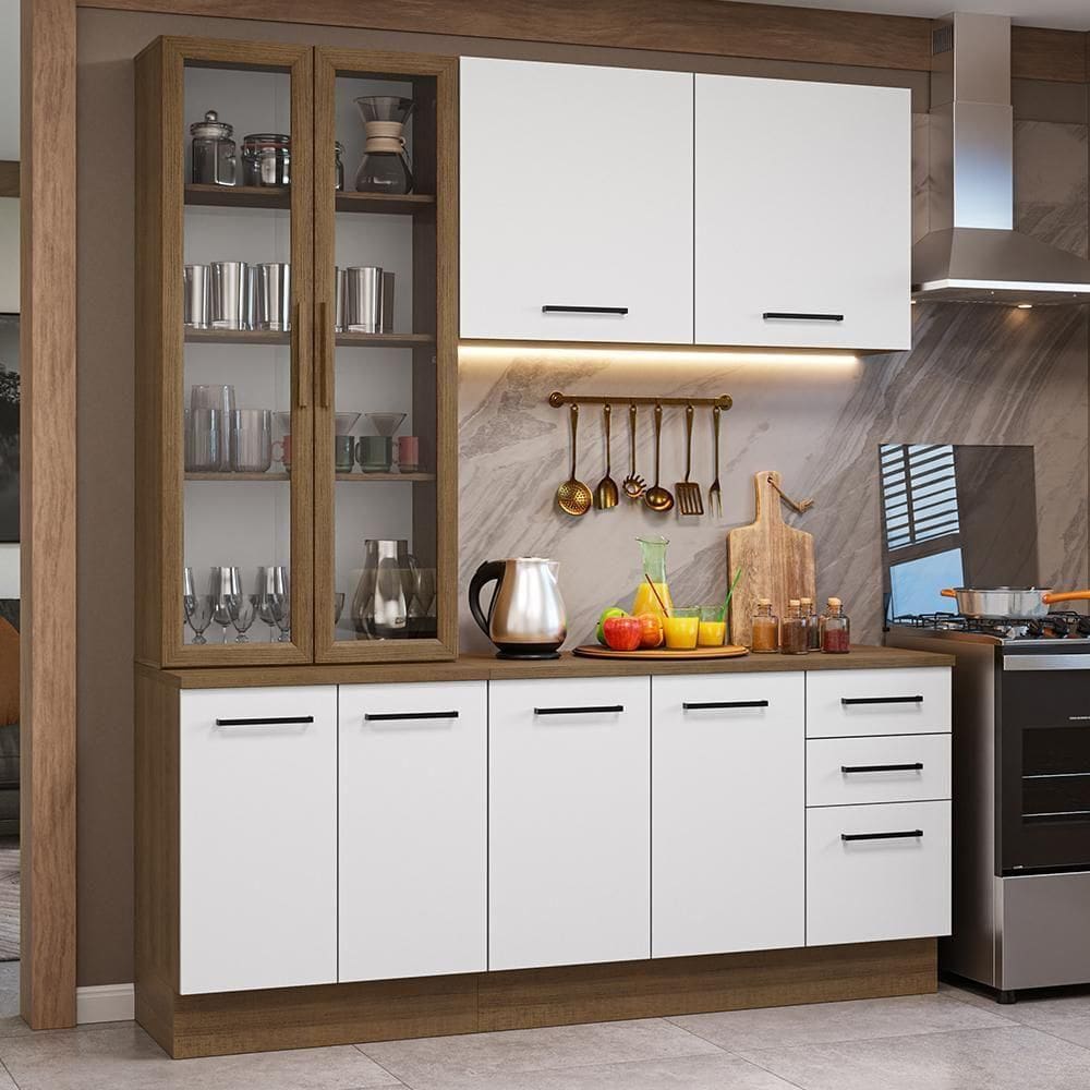 Armário De Cozinha Completa 190cm Com Cristaleira Agata Madesa Rustic Branco