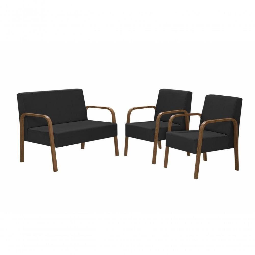 Conjunto Poltrona Luna Braço Madeira D Salla Suede Preto