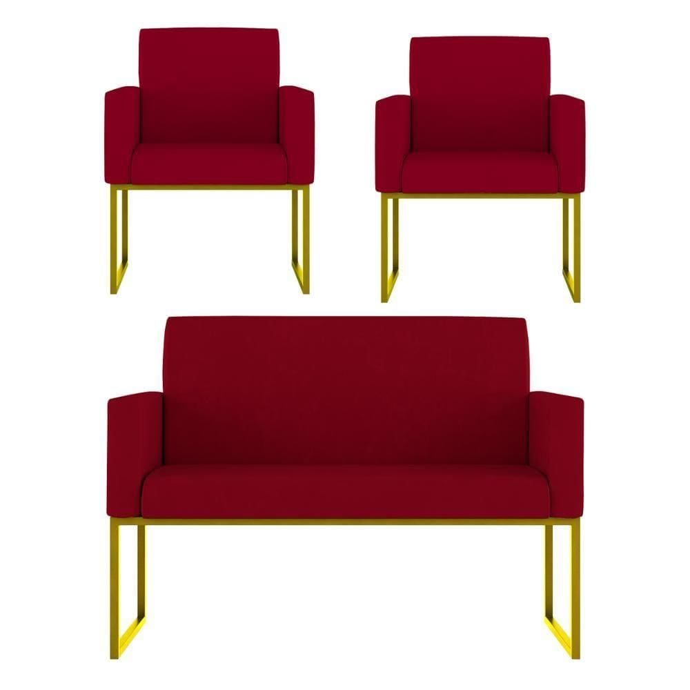 Kit 2 Poltronas + Namoradeira 2 Lugares Recepção Base Dourada Vermelho