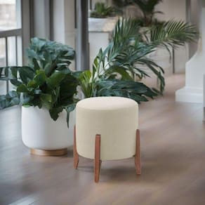Puff Estofado Decorativo Sala Redondo Luxo Madrid Linho Marfim