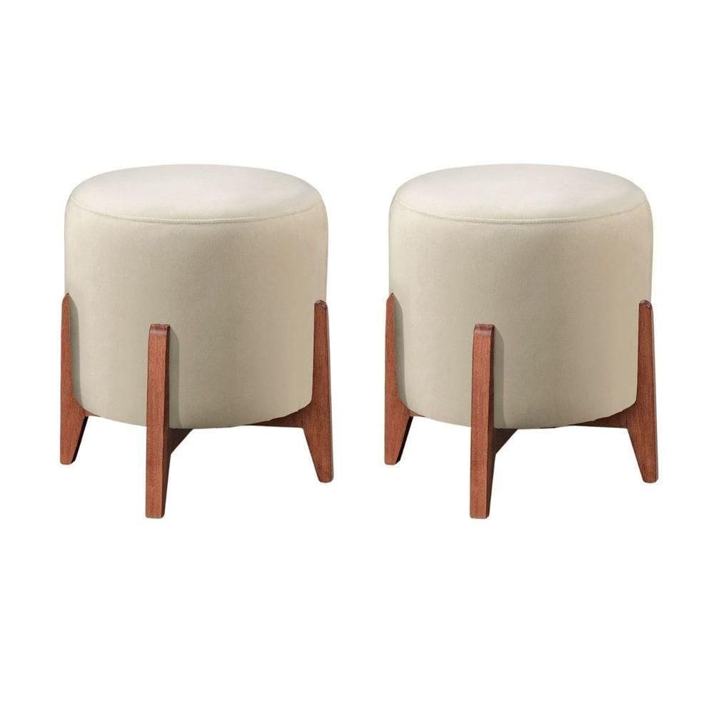 Kit 2 Puff Decorativo Para Sala Redondo Luxo Viena Linho Marfim