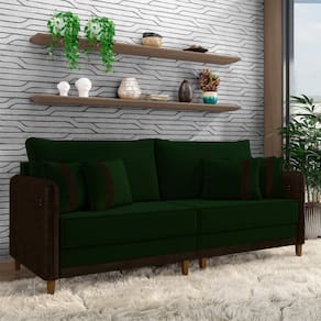 Sofá Living Montecarlo 3 Lugares Bipartido 232cm Pés Em Madeira Veludo-pu Verde-marrom G33 Gran Belo