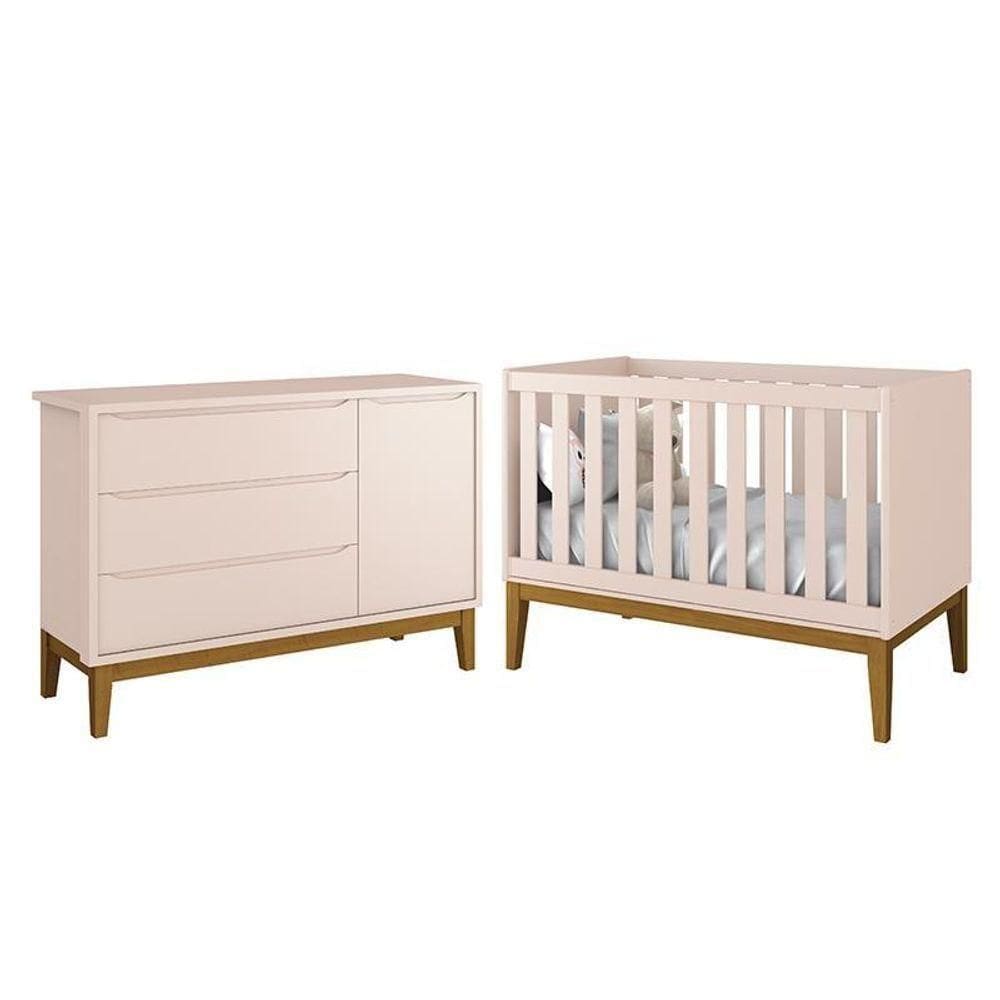 Jogo De Quarto Infantil Cômoda 1 Porta E Berço Classic Rosa Fosco Com Pés Amadeirado - Reller Móveis Rosa Fosco