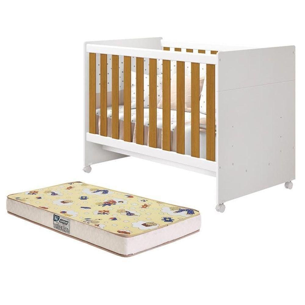 Berço Mini Cama Katatau  Branco Savana Com Colchão D18 De 10cm - Reller Móveis Branco Savana
