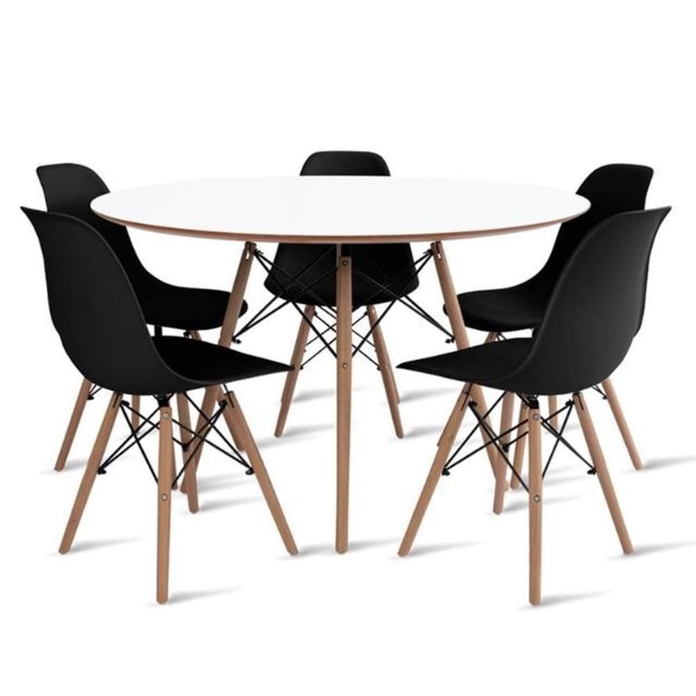 Conjunto De Mesa De Jantar Eames Eiffel Redonda 120cm Tampo De Madeira Branco Com 5 Cadeiras Pretas